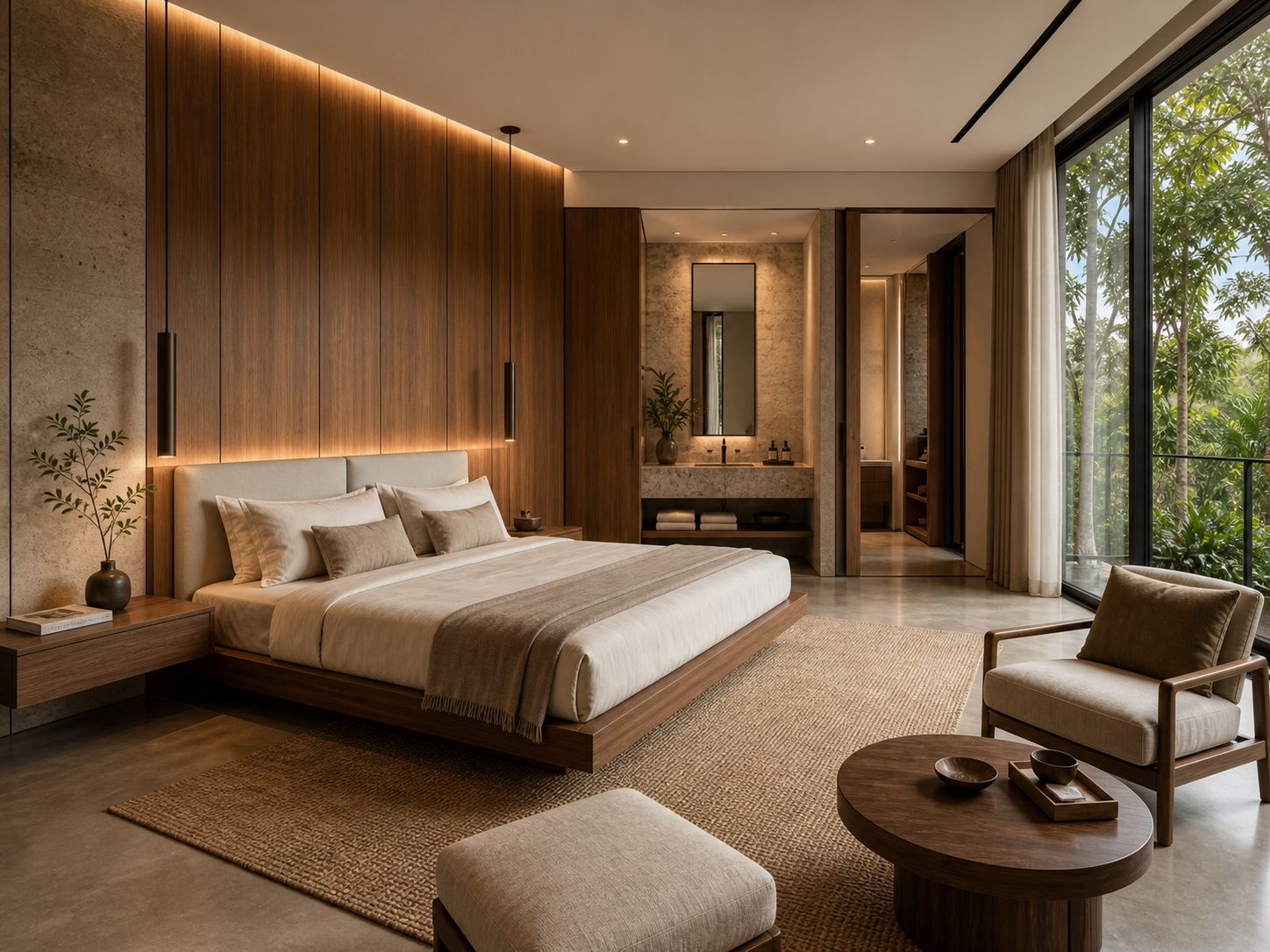 Minimal bedroom interior with timber wall panels