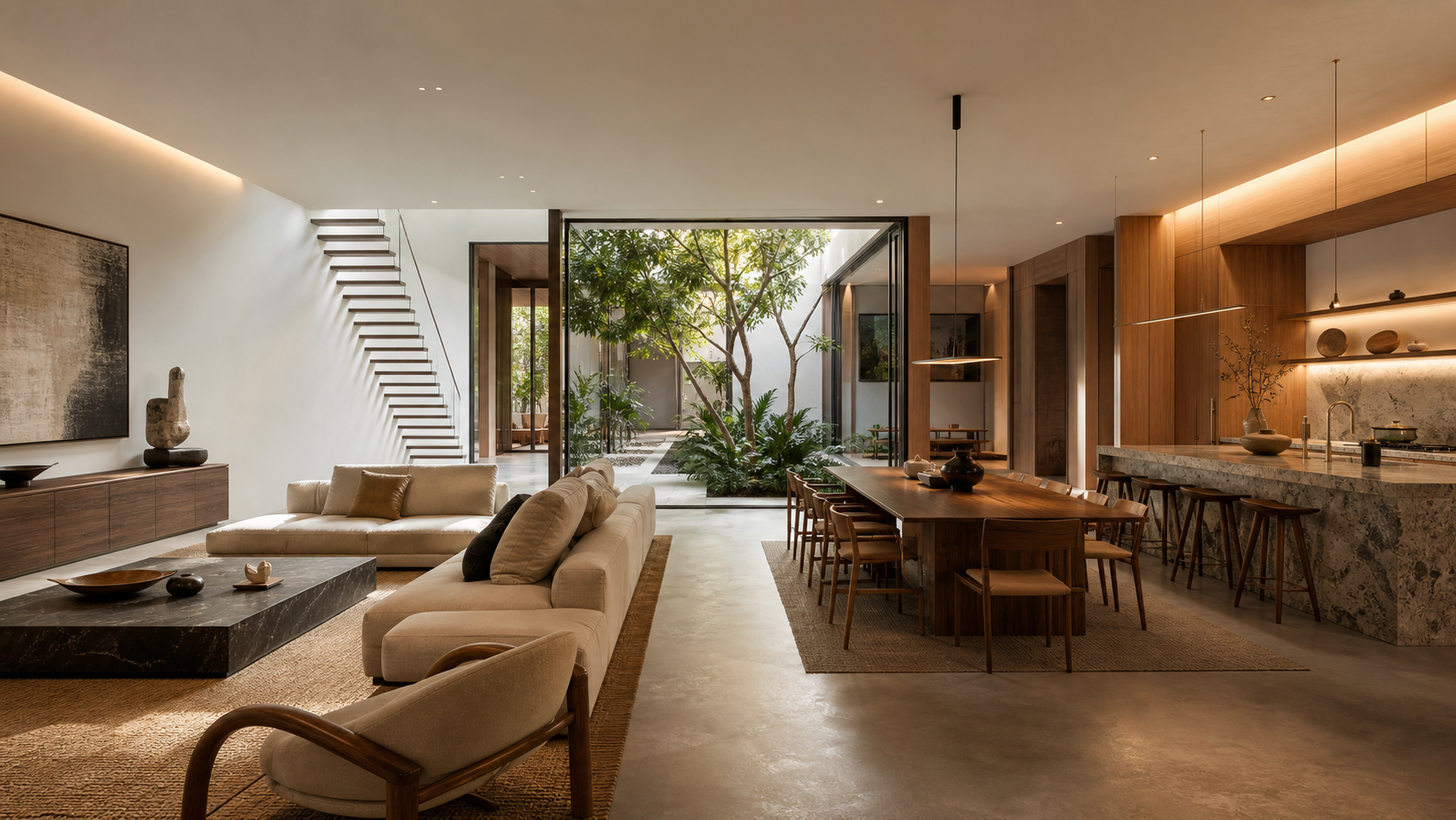 Open-plan living room with courtyard garden