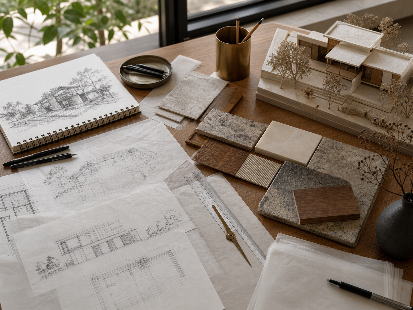 Architecture sketches, material samples, and model