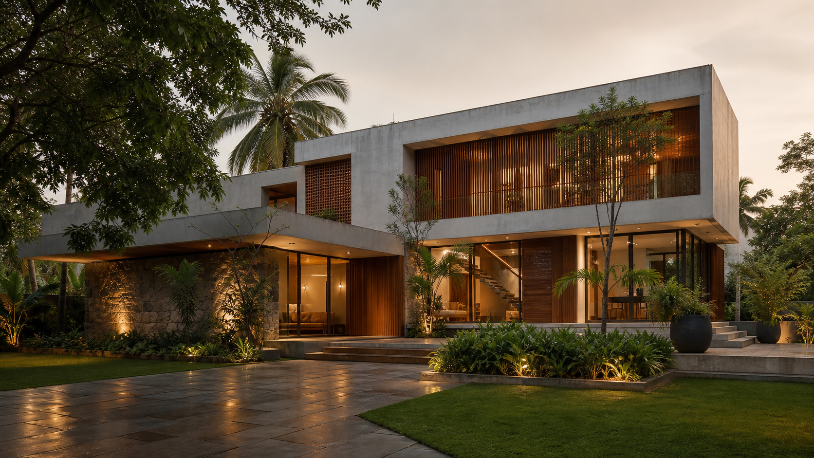 Modern residence exterior at evening