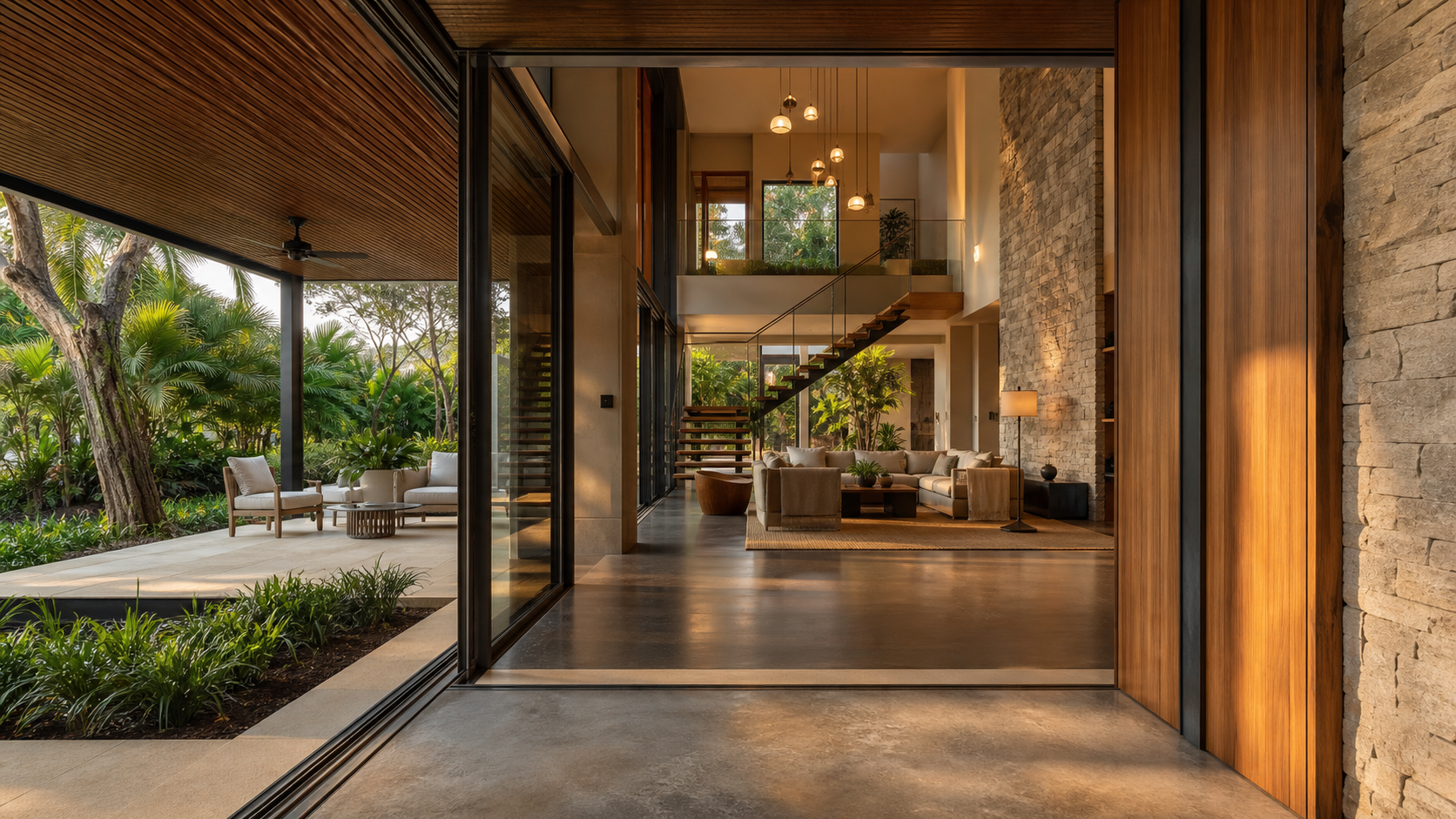 Glass threshold from patio into modern living room